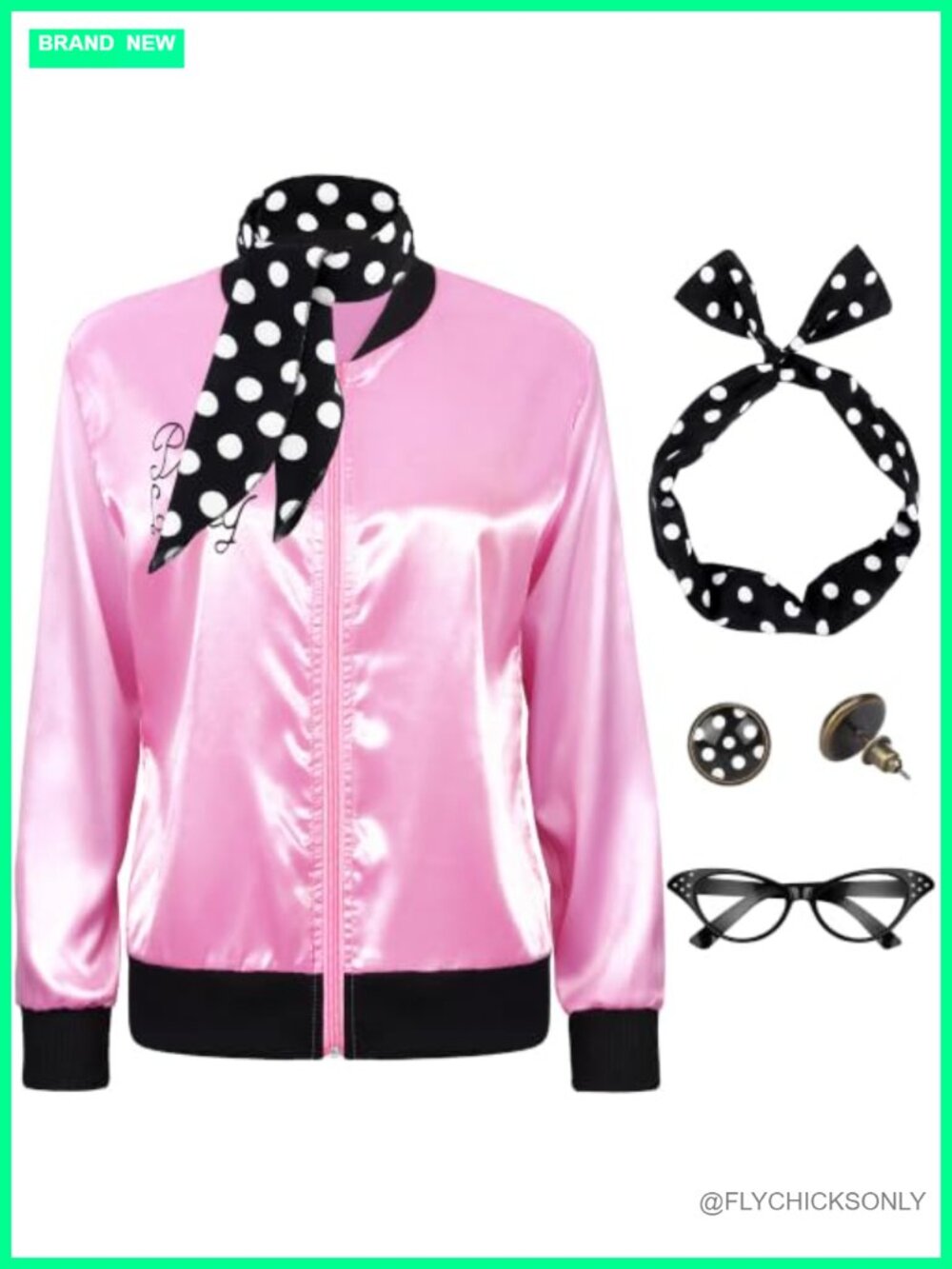 1950s Satin Jacket Costume Set with Scarf Headband Glasses Earrings Halloween